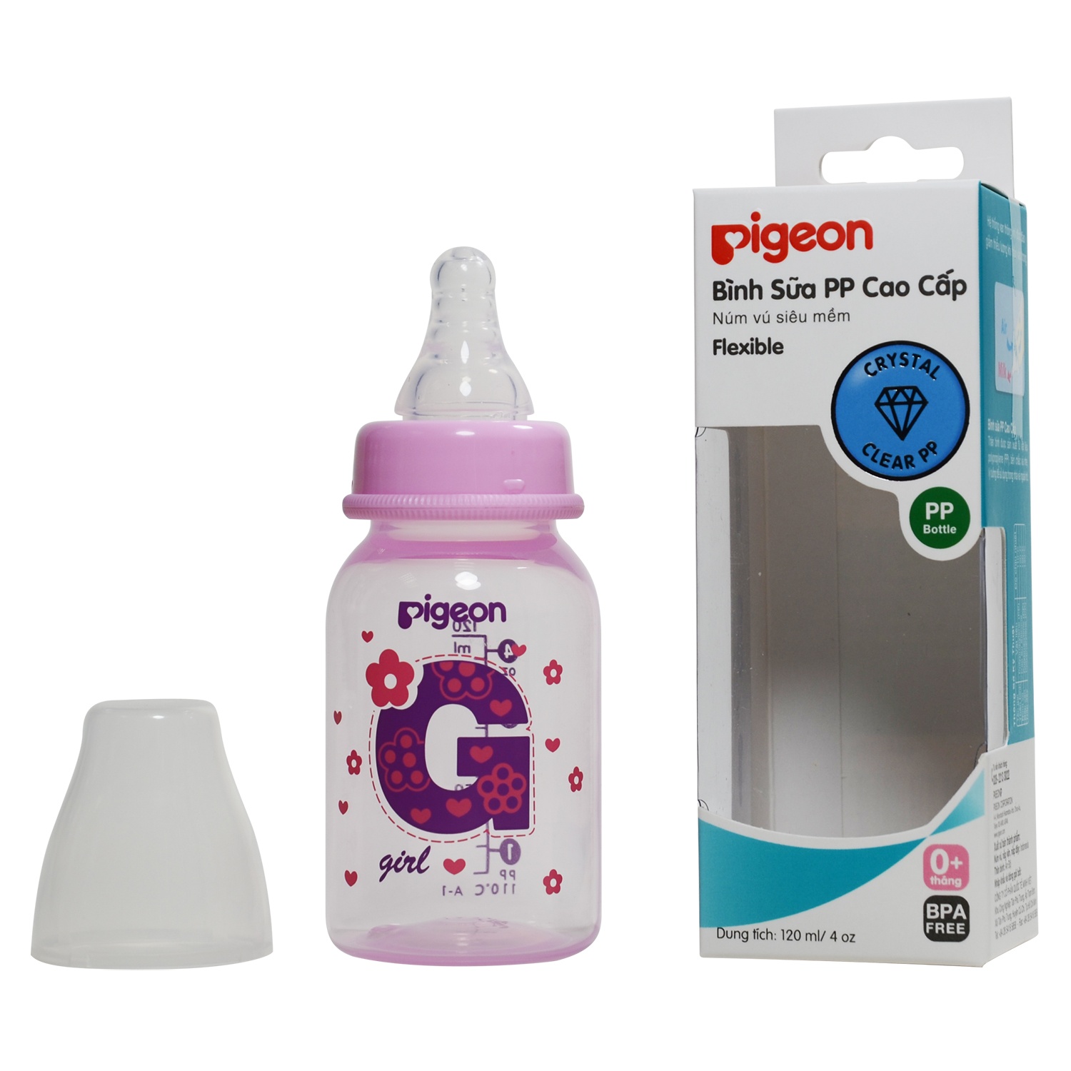 Bình sữa Pigeon 120ml van chống sặc màu hồng cho bé Bình sữa Pigeon 120ml bé gái (0 - 3 tháng) hình 1