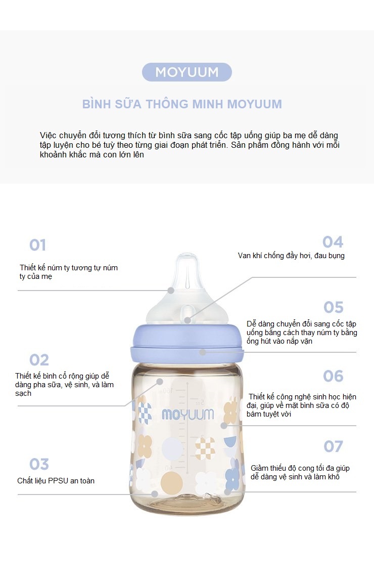Thông tin chi tiết bình sữa Moyuum màu tím in họa tiết hoa Clover 170ml