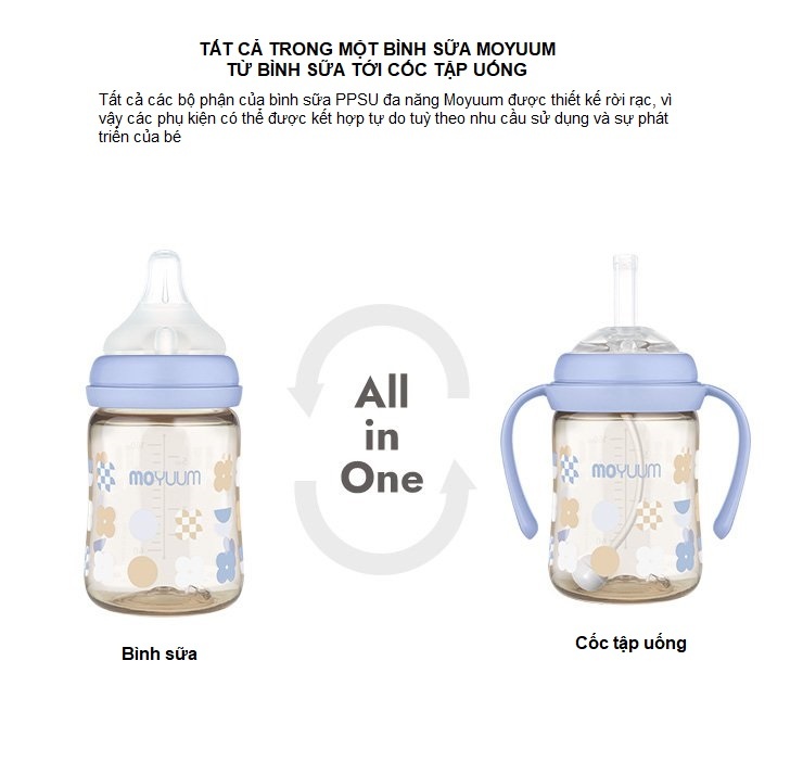 Bình sữa Moyuum màu tím in hình hoa Clover 170ml có thể chuyển đổi thành bình nước