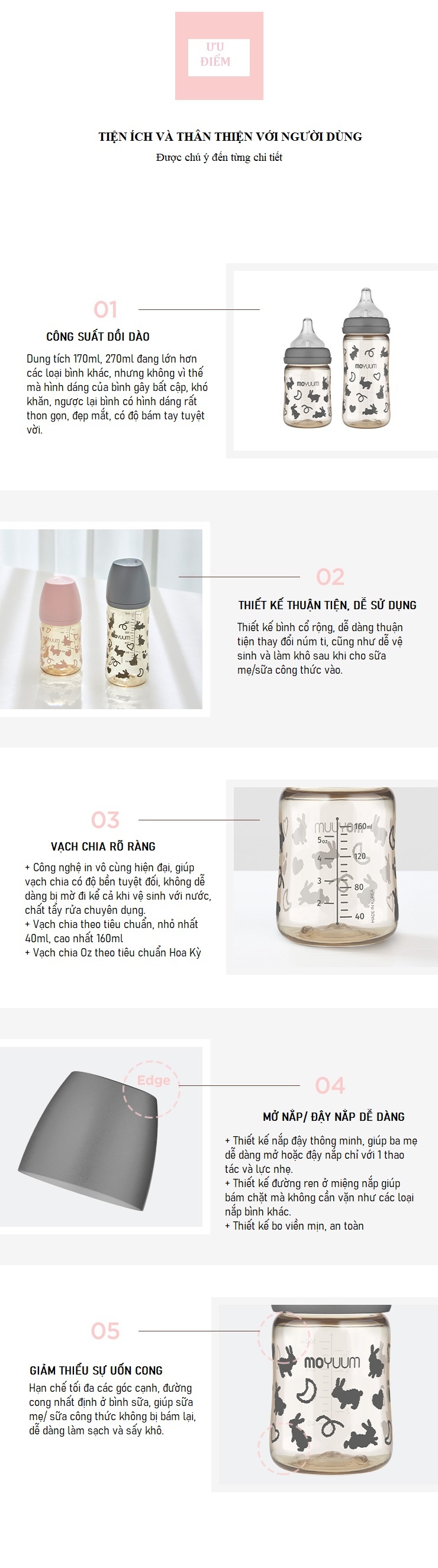 Bình sữa Moyuum màu xám PPSU in hình thỏ Rabbit 170ml hình 4