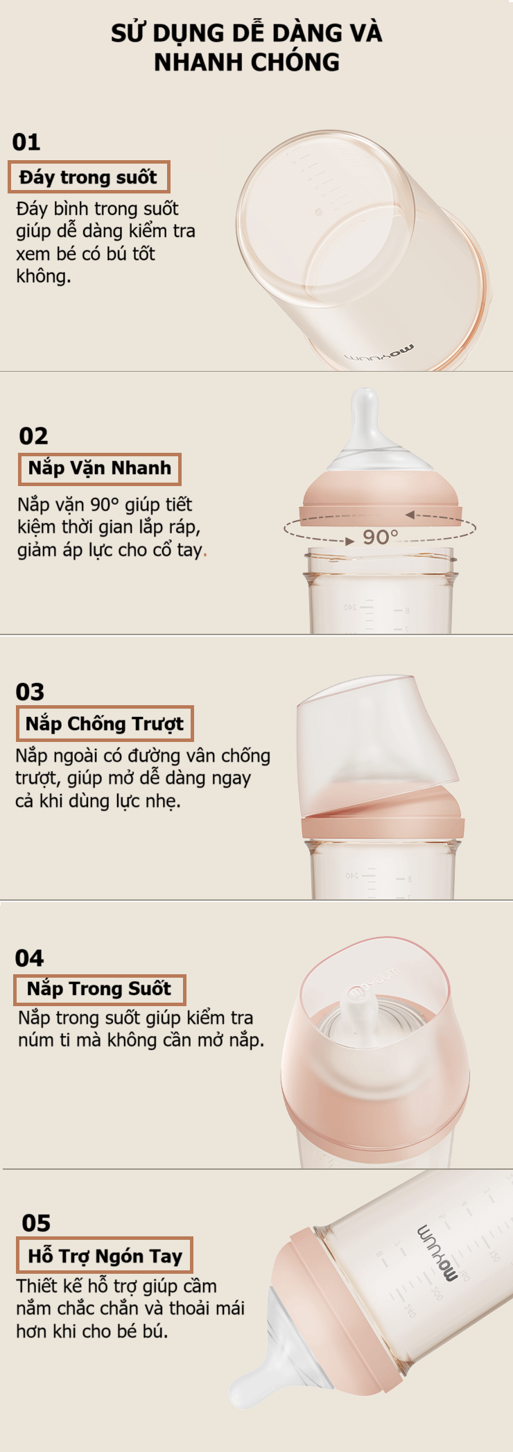 Bình sữa Moyuum Mov.aa thế hệ thứ 4 họa tiết 160ml (Màu trắng)