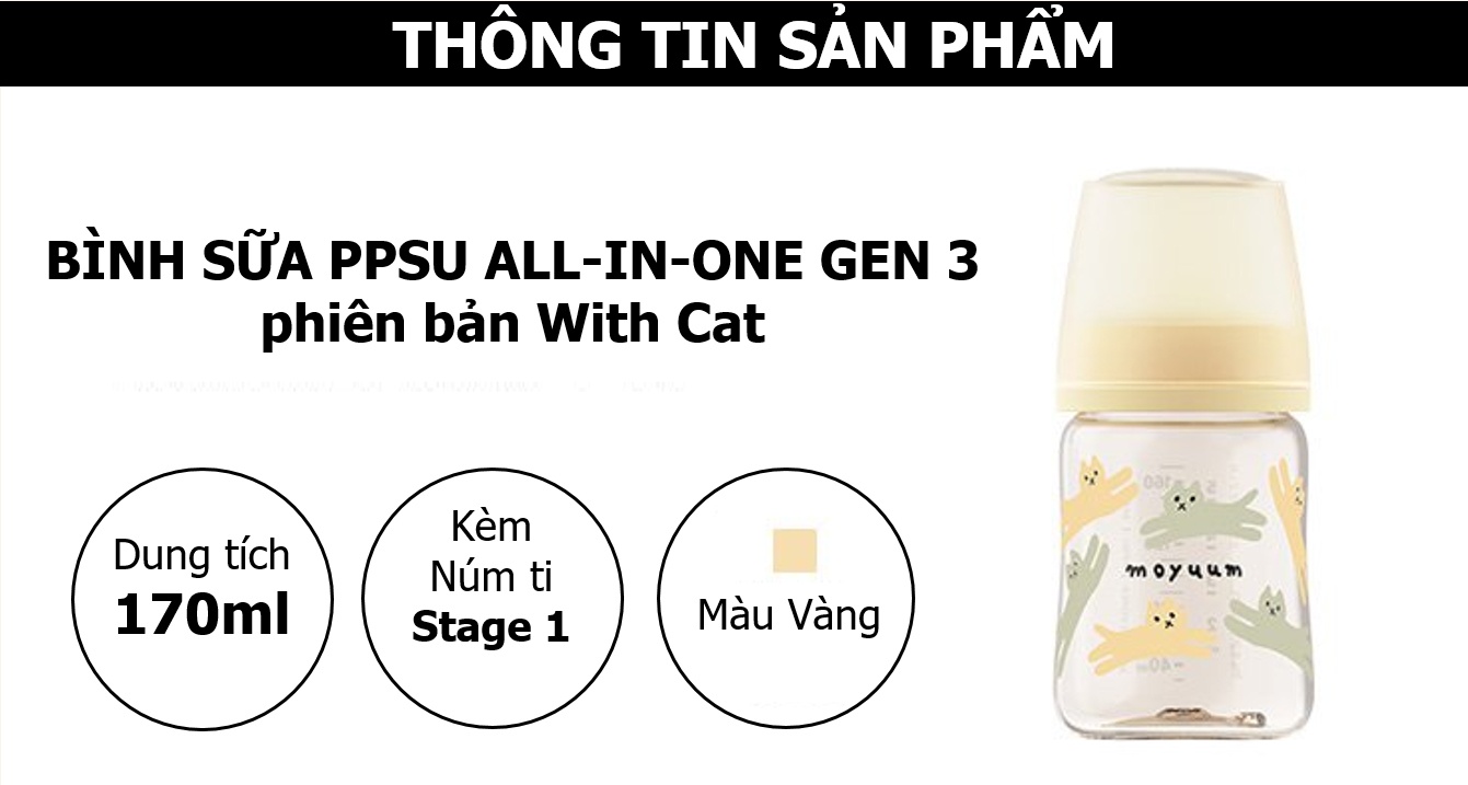 Bình sữa Moyuum PPSU Premium thế hệ thứ 3 Yellow Cat 170ml hình 6