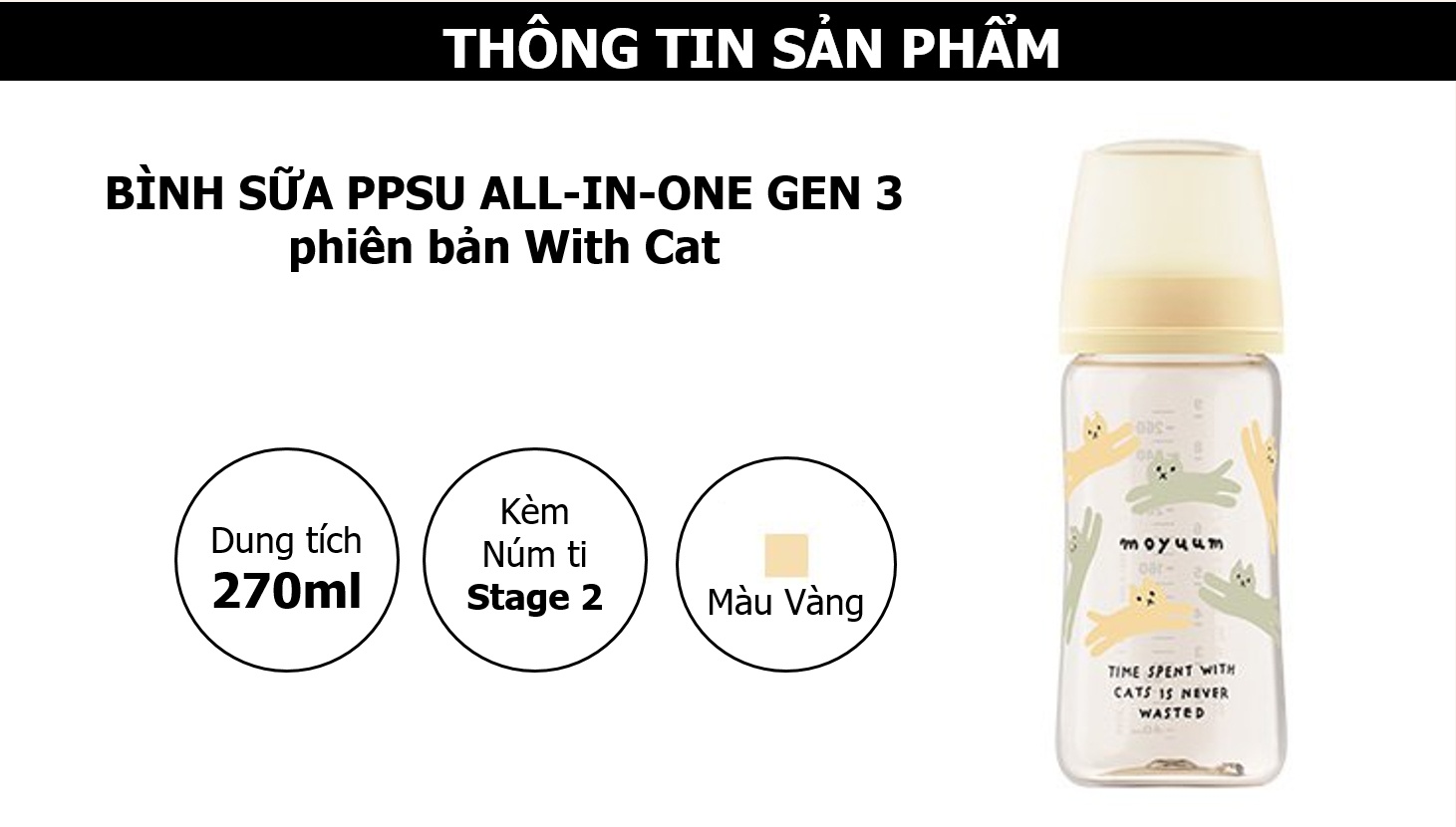 Bình sữa Moyuum PPSU Premium thế hệ thứ 3 Yellow Cat 270ml hình 6
