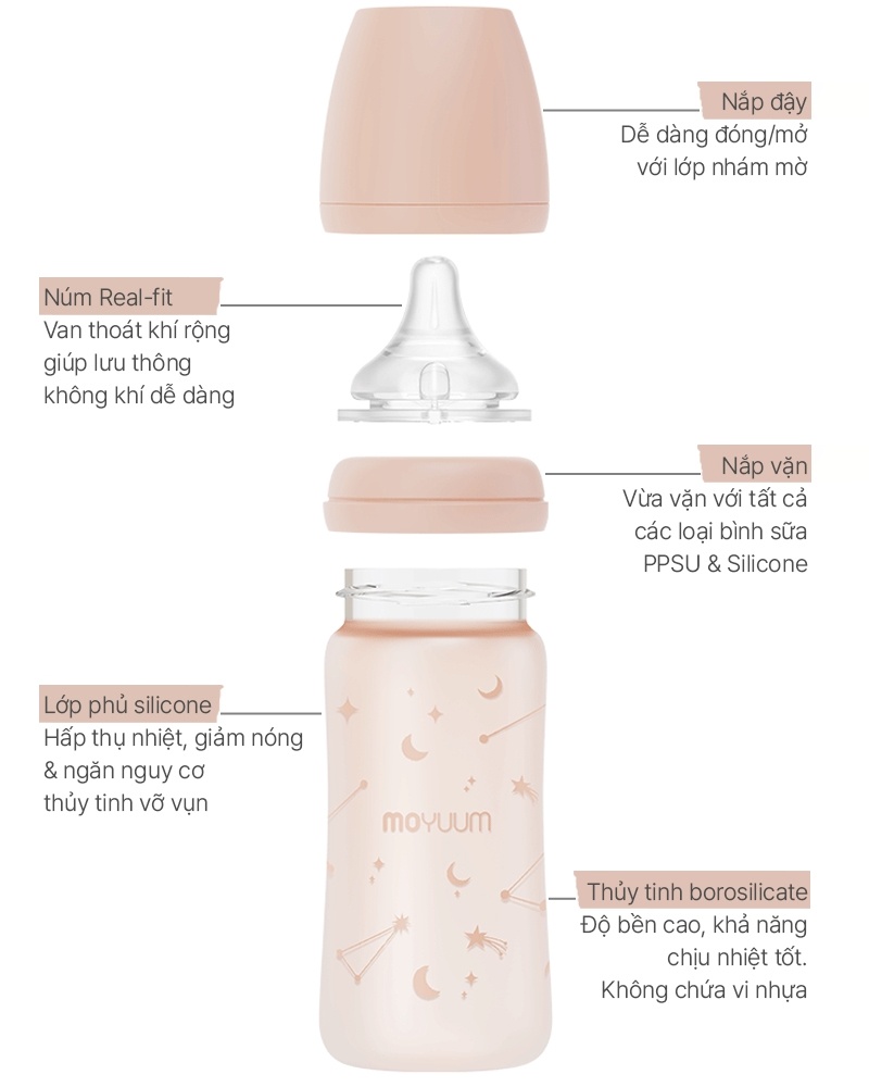 Bình sữa Moyuum thủy tinh bọc silicone sao 240ml hình 6