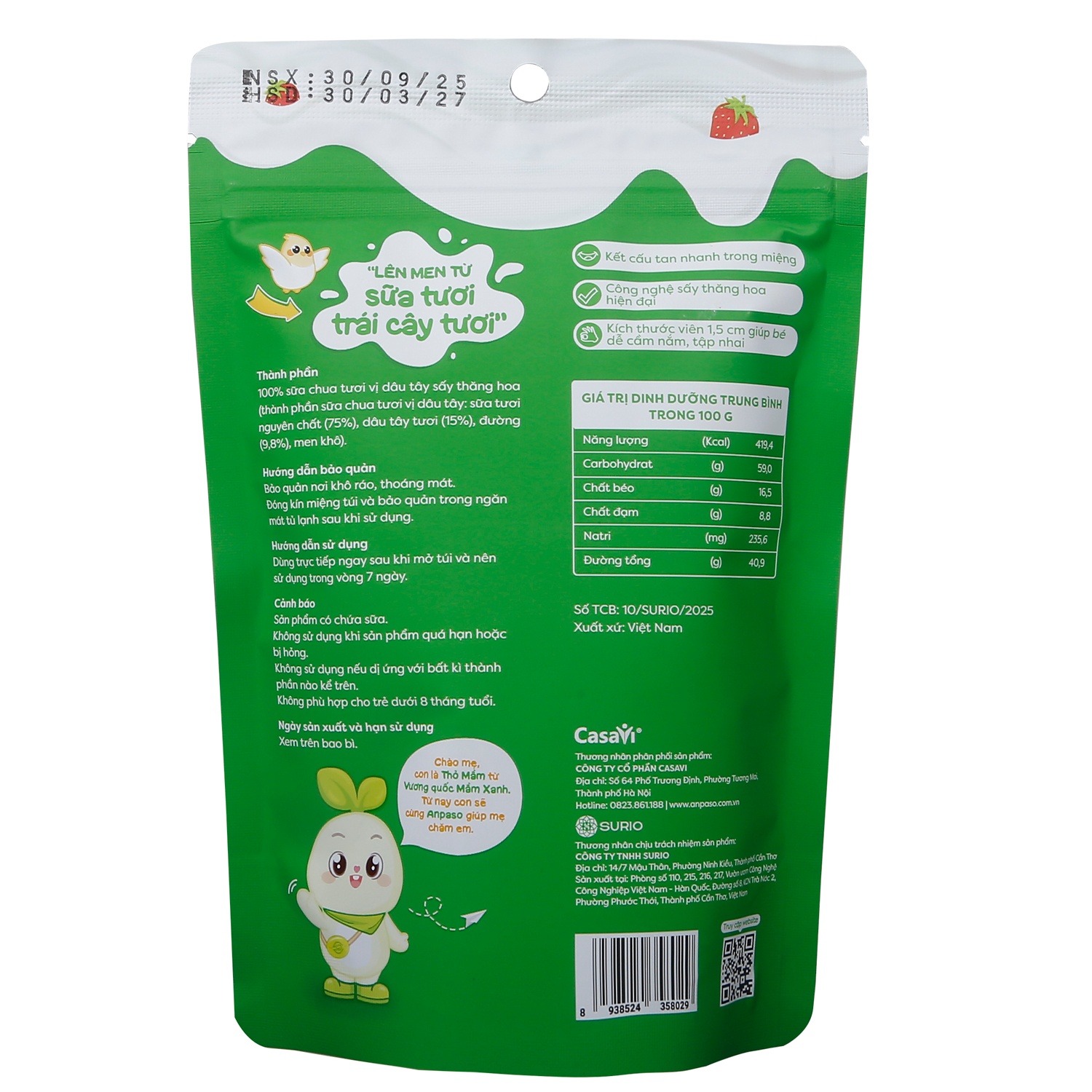 Thành phần sữa chua sấy tự nhiên Anpaso vị dâu tây 20g