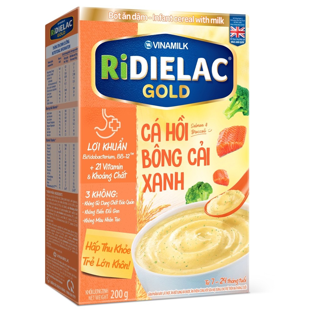 Bột ăn dặm Ridielac Gold cá hồi cải xanh 200g cho bé 7M-24M hình 1