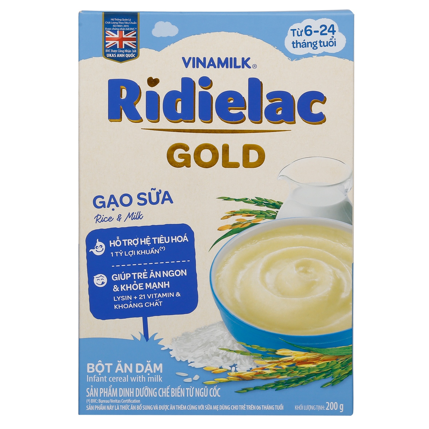 Bột ăn dặm Ridielac Gold gạo sữa 200g cho bé 6M-24M - bao bì mới