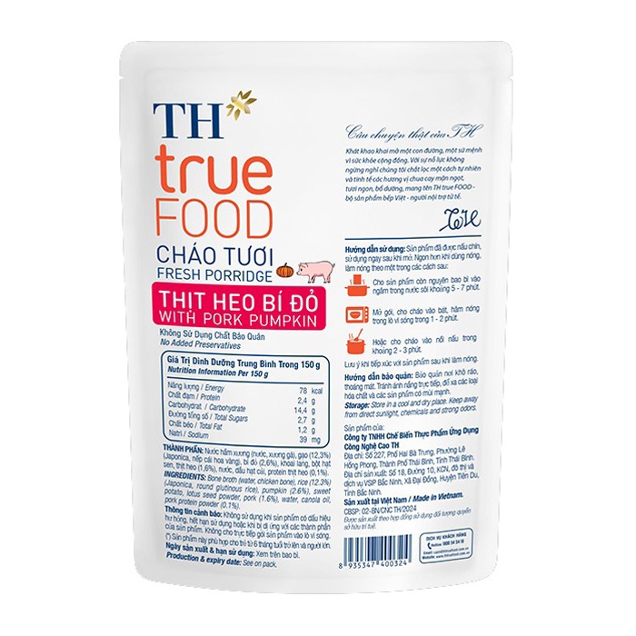 Cháo tươi heo bí đỏ TH True Food 150g ( 6M+)