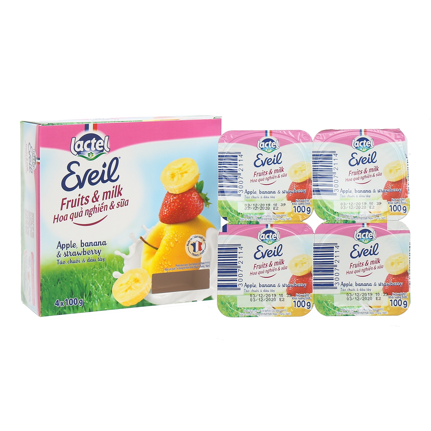 Hoa quả nghiền và sữa Lactel Eveil vị Táo, Chuối & Dâu tây 4*100g Hoa quả nghiền và sữa Lactel Eveil vị Táo, Chuối & Dâu tây 4*100g hình 1