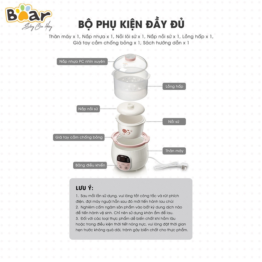Phụ kiện đầy đủ nồi nấu chậm Bear 0.8L