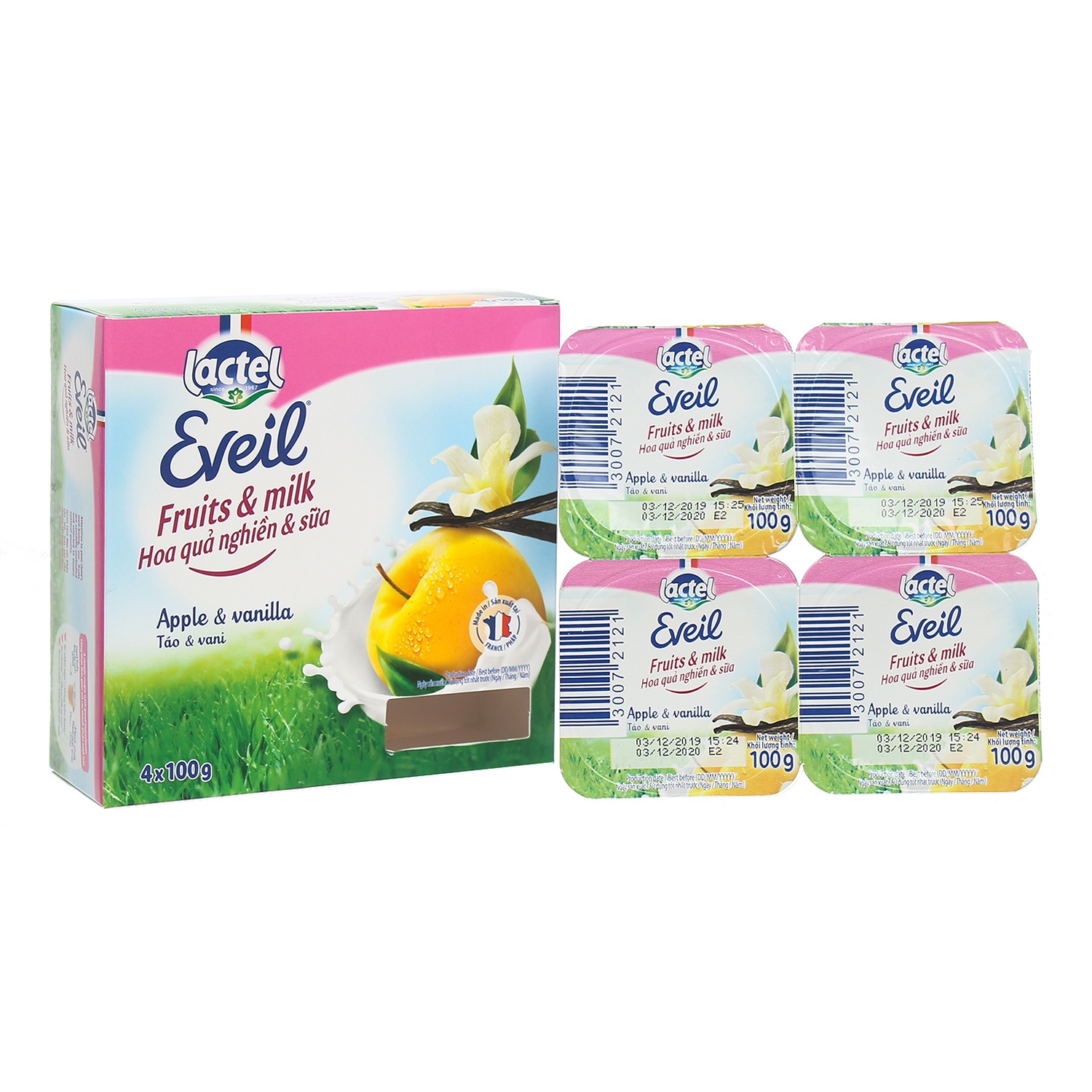 Hoa quả nghiền & Sữa Lactel Eveil vị Táo & Vani 4*100g Hoa quả nghiền & Sữa Lactel Eveil vị Táo & Vani 4*100g hình 1