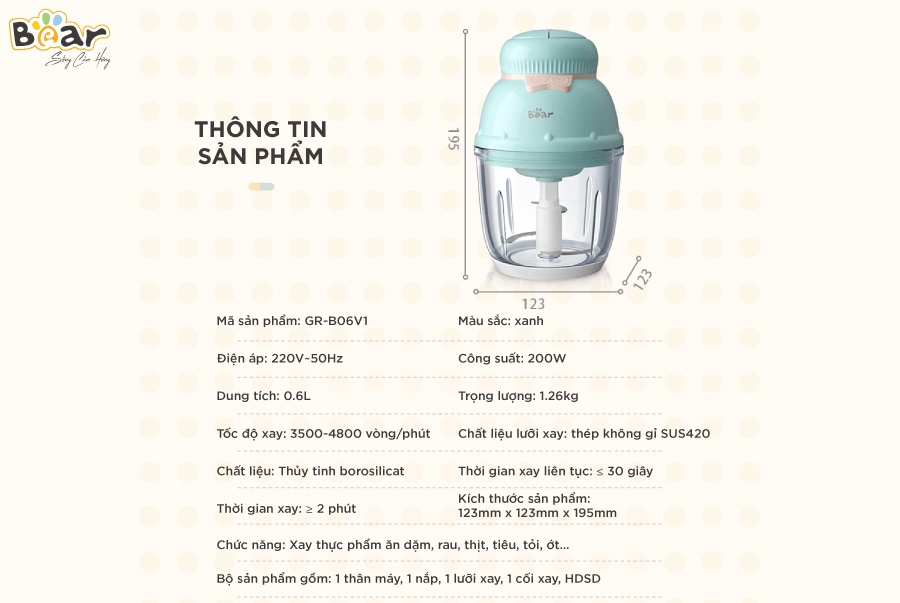 Máy xay ăn dặm cho bé Bear GR-B06V1 0,6 lít 2 cốc xay chịu nhiệt tốt