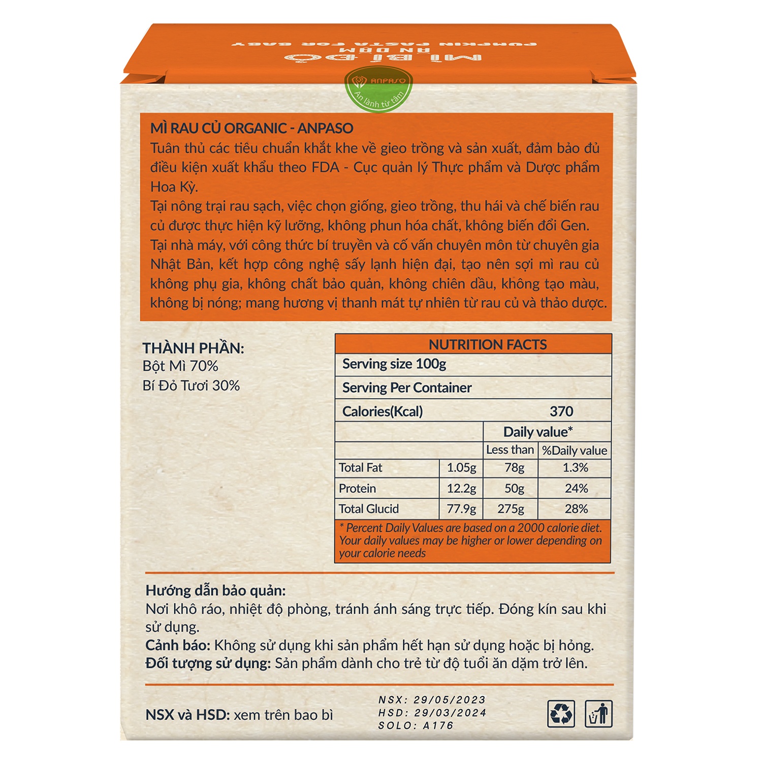 Mì ăn dặm bí đỏ nguyên chất Anpaso 120g hình 2