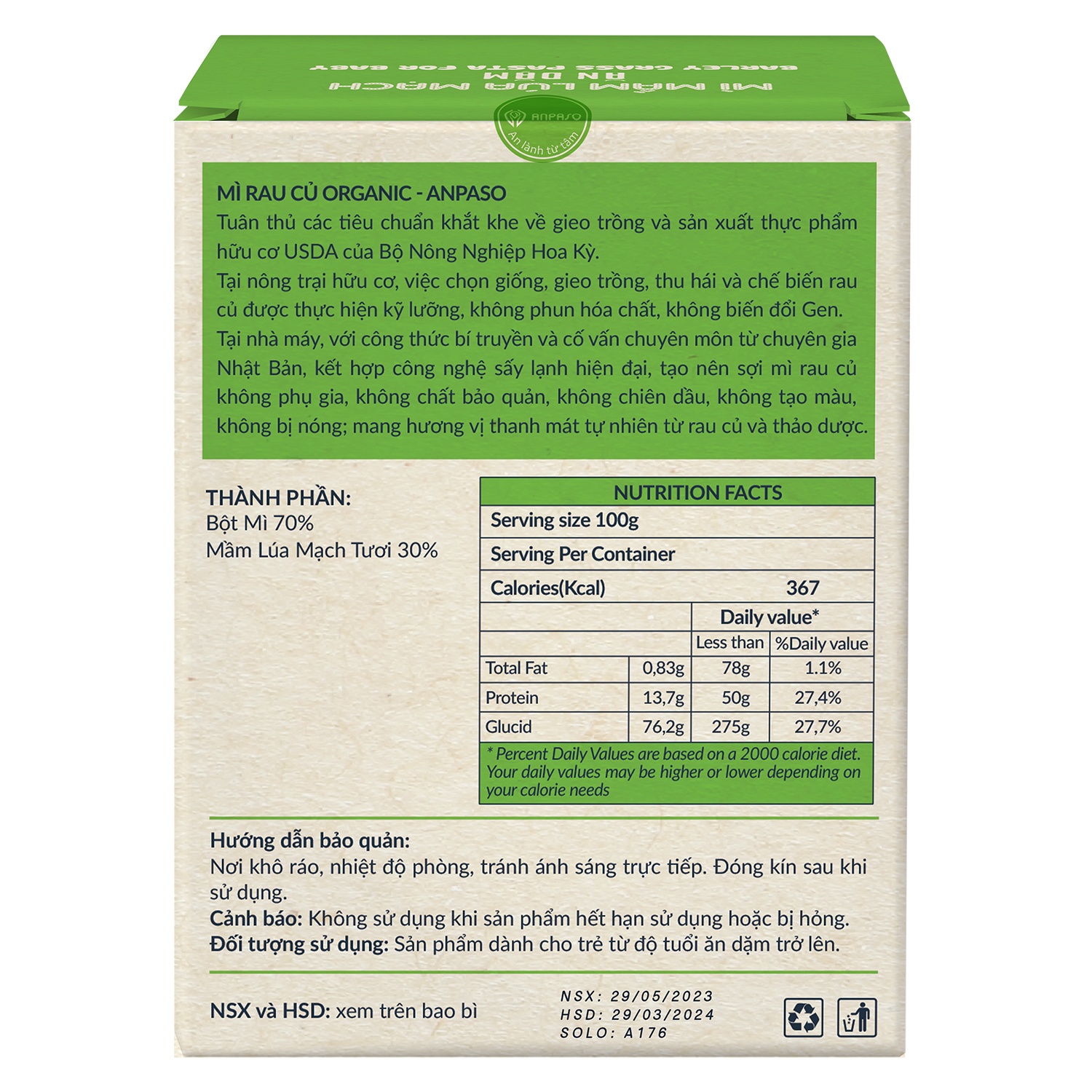 Mì ăn dặm mầm lúa mạch Organic Anpaso 120g hình 3