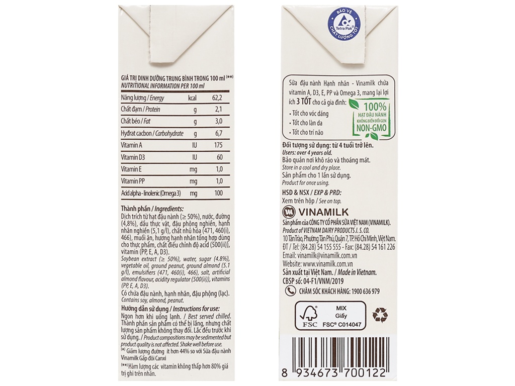 Sữa đậu nành Vinamilk hạnh nhân 4*180ml hình 2