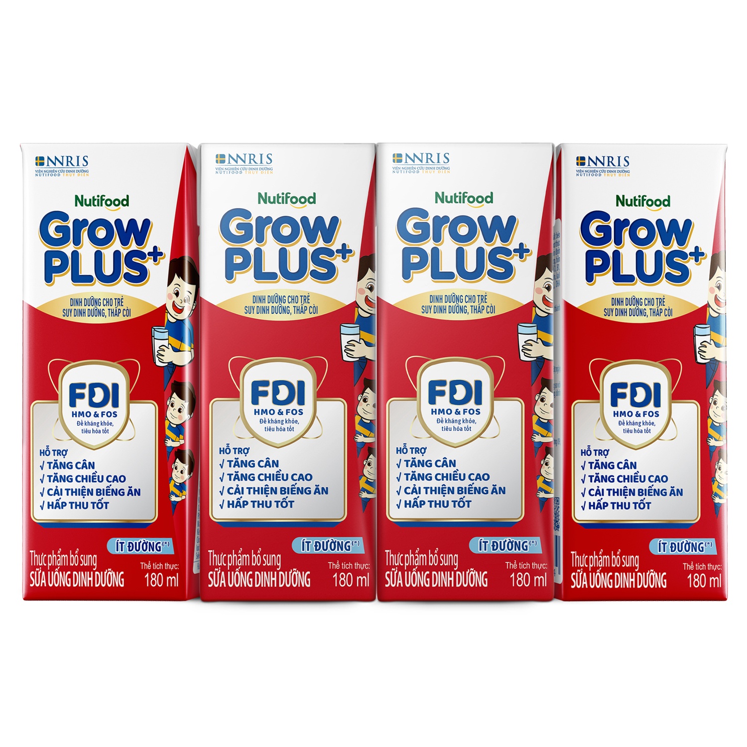 Sữa dinh dưỡng pha sẵn Nutifood GrowPlus+ Đỏ ít đường 4*180ml