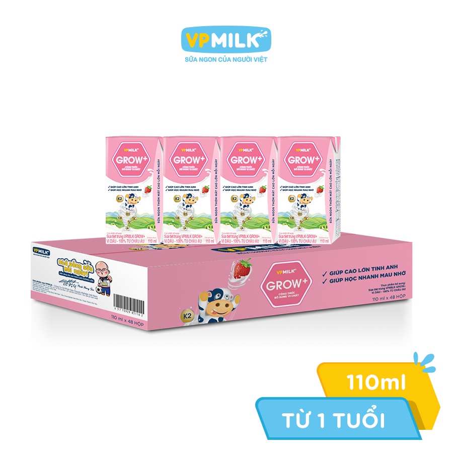 Sữa tiệt trùng VPmilk Grow+ vị dâu 4x110ml