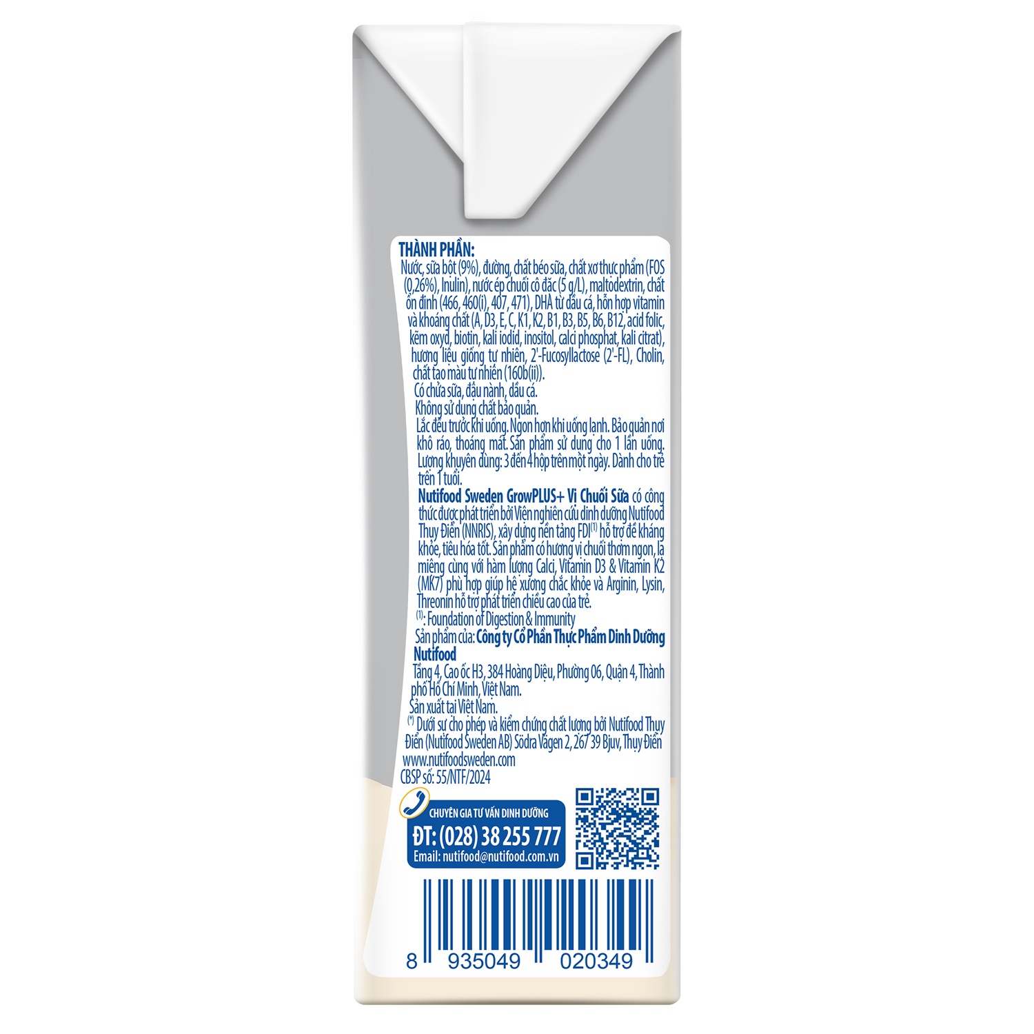 Thành phần của Sữa uống dinh dưỡng Nutifood Grow Plus vị chuối sữa 4x110ml