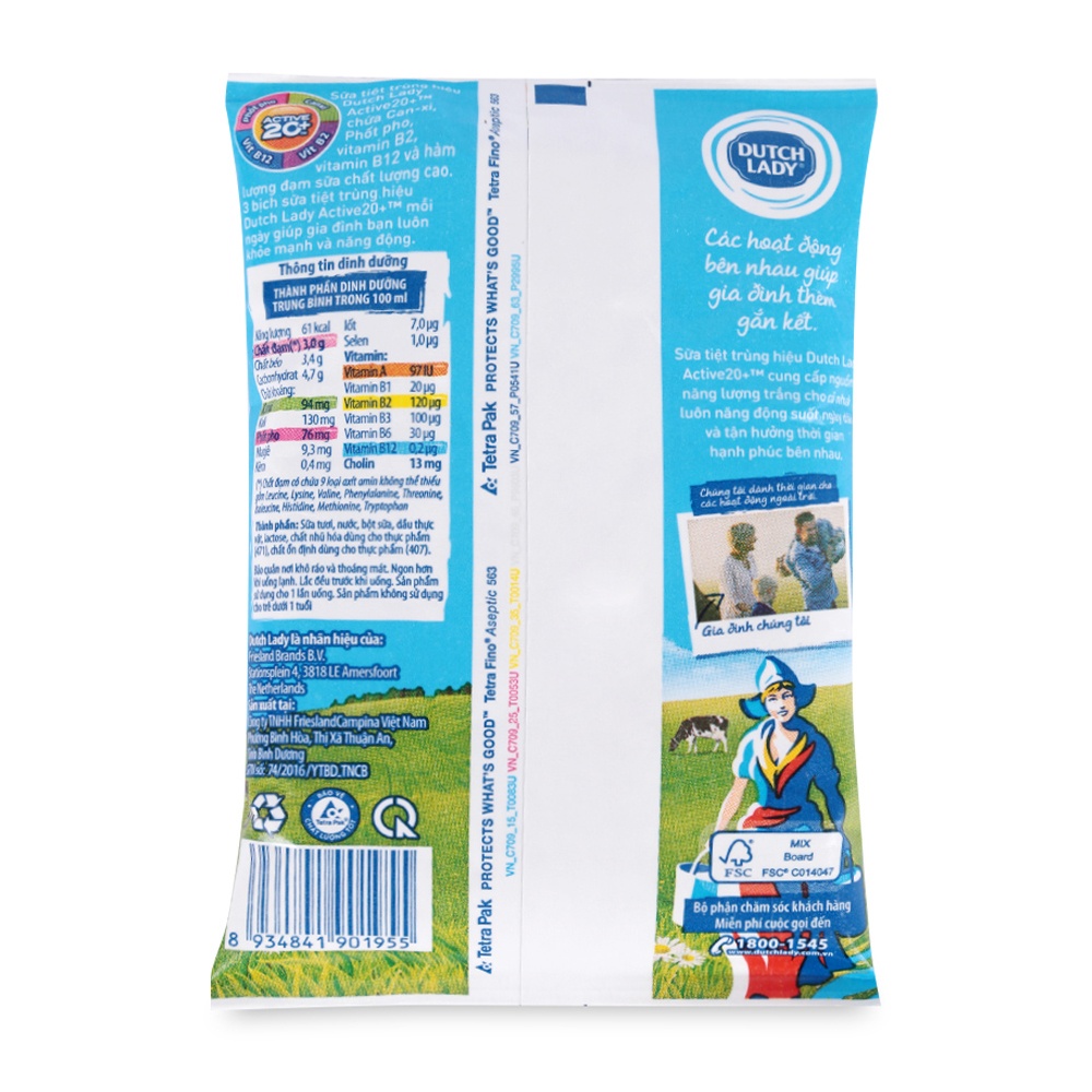 Sữa tiệt trùng Active 20+ Dutch Lady không đường túi 220ml hình 1