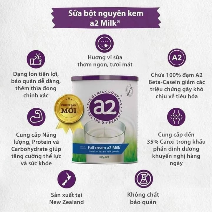 Sữa tươi nguyên kem A2 dạng bột (850g) cho người lớn và trẻ em trên 1 tuổi hình 3