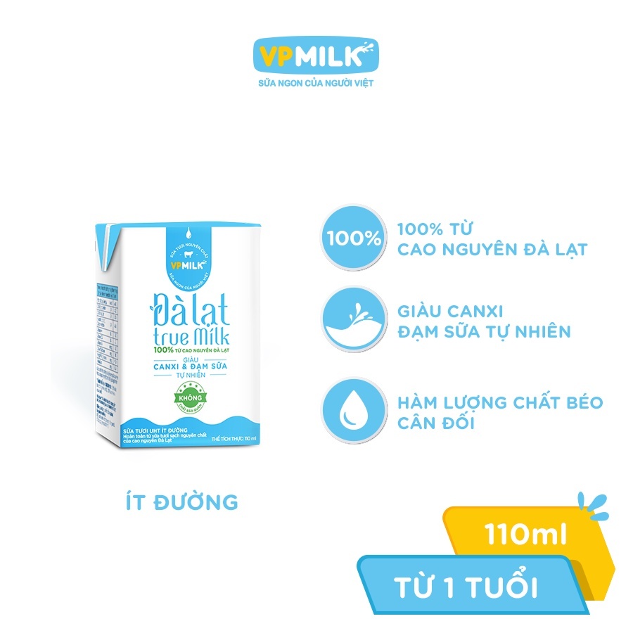 Sữa tươi ít đường Đà Lạt True Milk 4x110ml hình 2