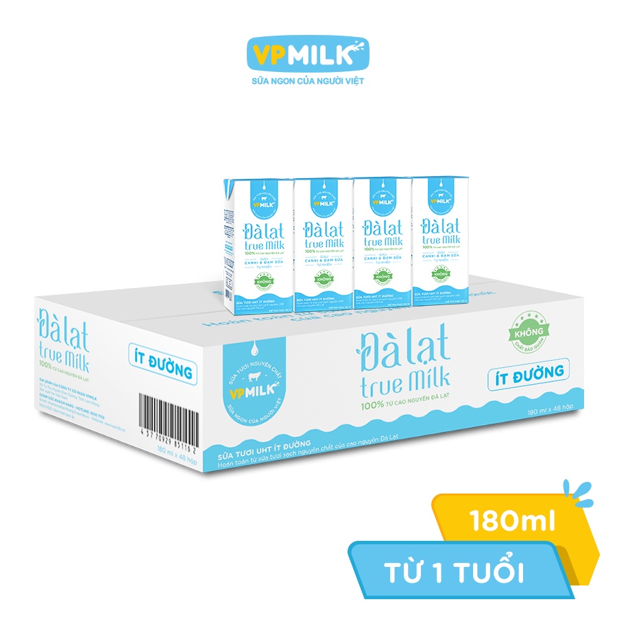 Sữa tươi ít đường Đà Lạt True Milk 4x180ml hình 1
