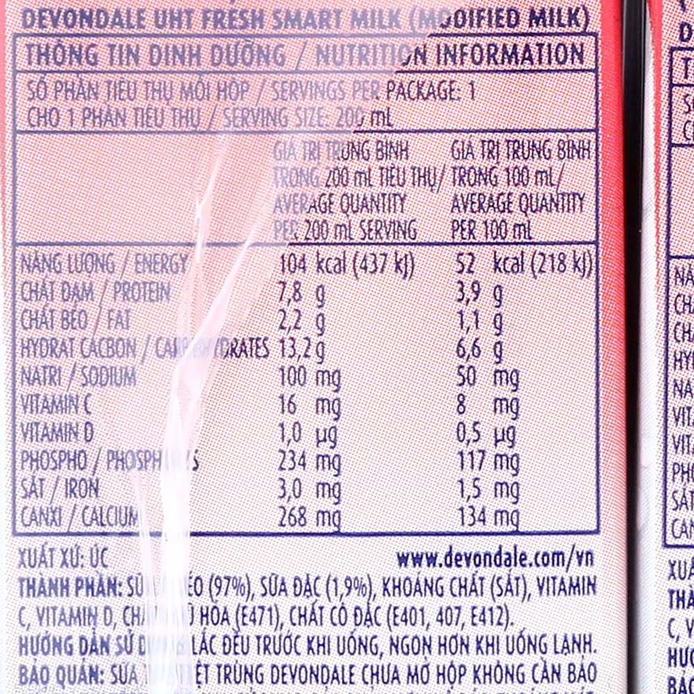 Sữa tươi tiệt trùng Smart Devondale lốc 4 hộp x 200ml hình 2