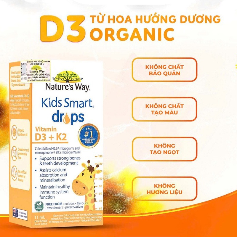 Đặc điểm nổi bật Vitamin D3 + K2 Nature's Way Kids Smart Drops