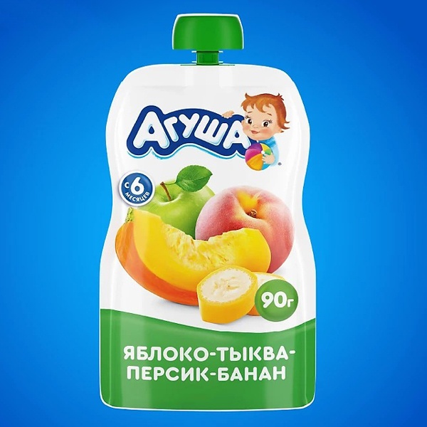 Trái cây nghiền vị táo, đào, chuối và bí ngô Agusha 90g, gói dành cho bé từ 6M+ hình 1
