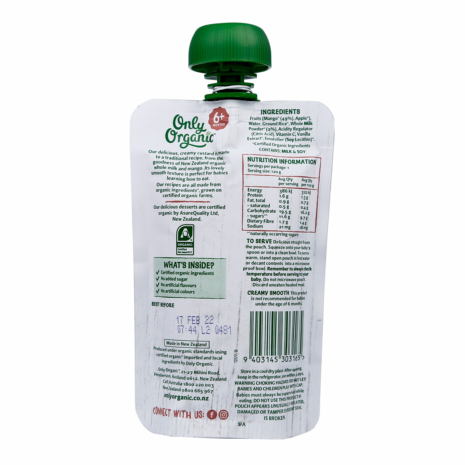 Dinh dưỡng trái cây nghiền hữu cơ Custard xoài Only Organic Mango Custard 6m+ hình 5