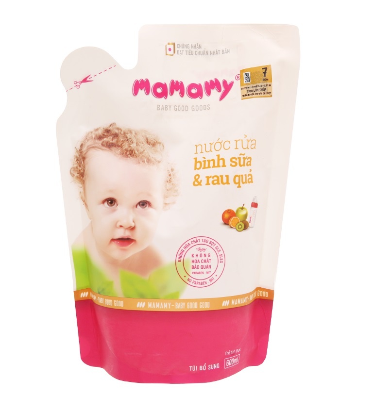 Nước rửa bình sữa và rau củ quả Mamamy 600ml (túi) hình 1