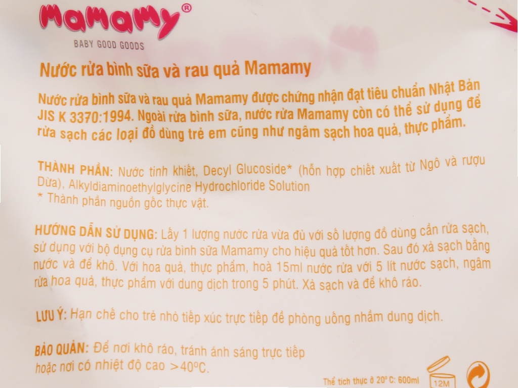 Nước rửa bình sữa và rau củ quả Mamamy 600ml (túi) hình 3
