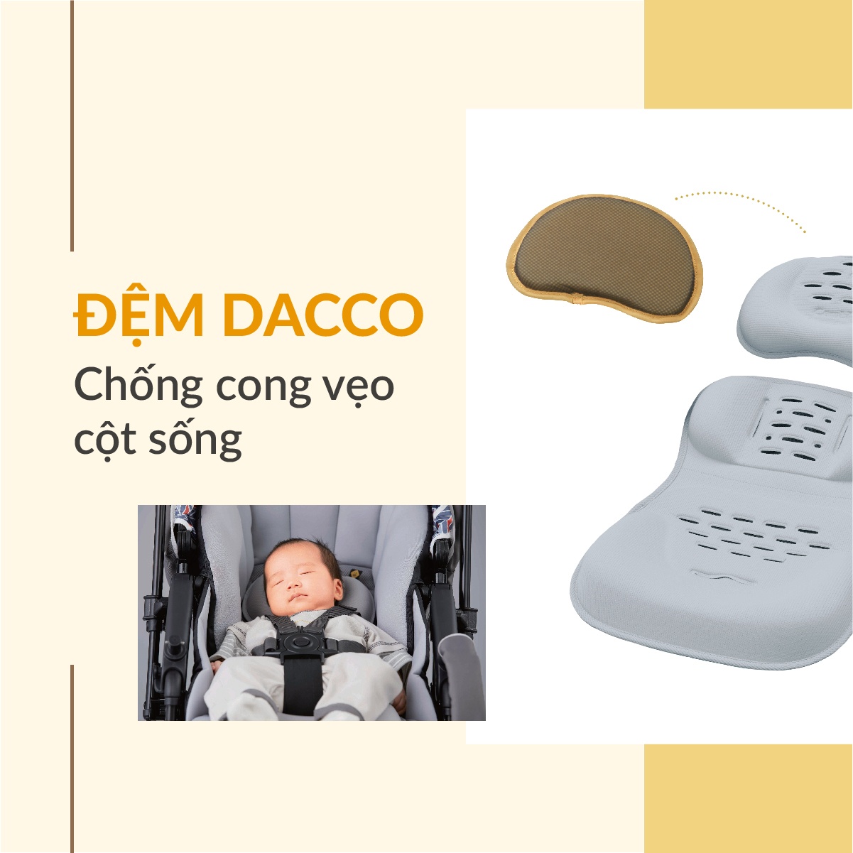 Đệm Dacco ở xe đẩy Nhật Combi Sugocal Compact chống cong vẹo cột sống