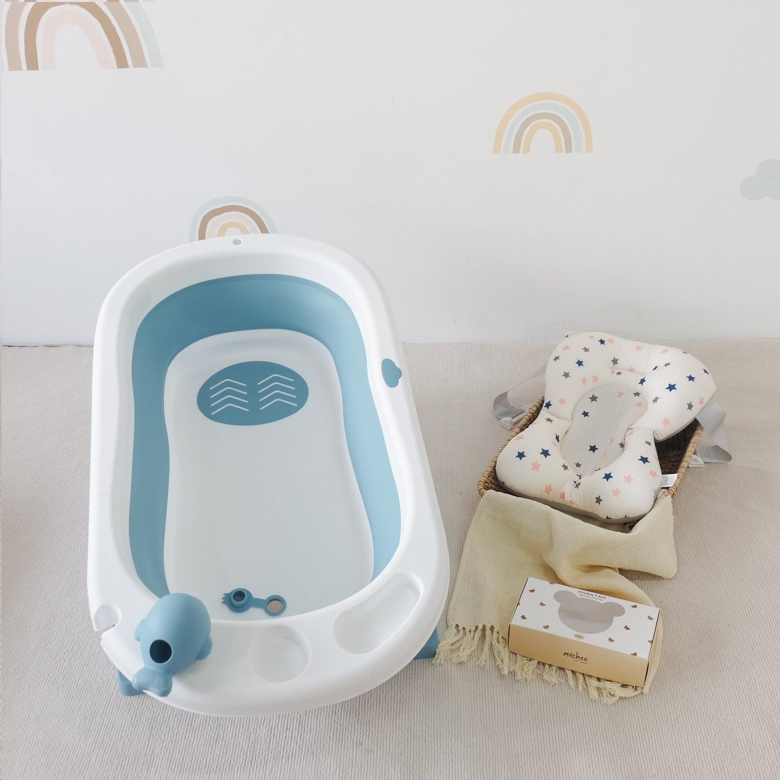 Chậu tắm gấp gọn kèm phao bơi Hanbei Baby Xanh hình 1
