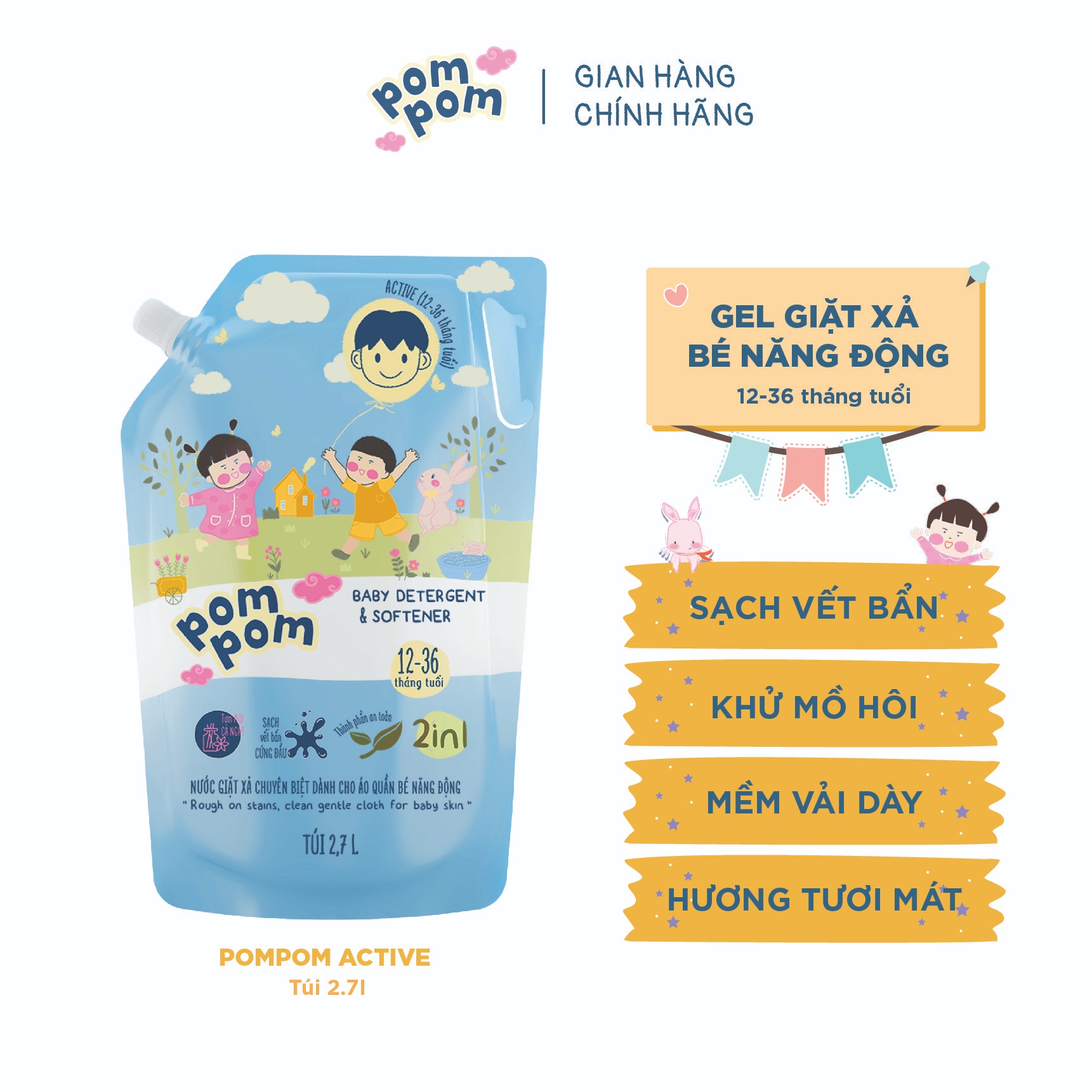 Nước giặt xả Pom Pom Active 2700ml (12-36M) hình 3