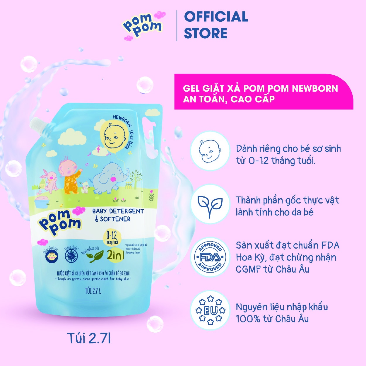 Nước giặt xả Pom Pom Newborn 2700ml (0-12M) hình 1