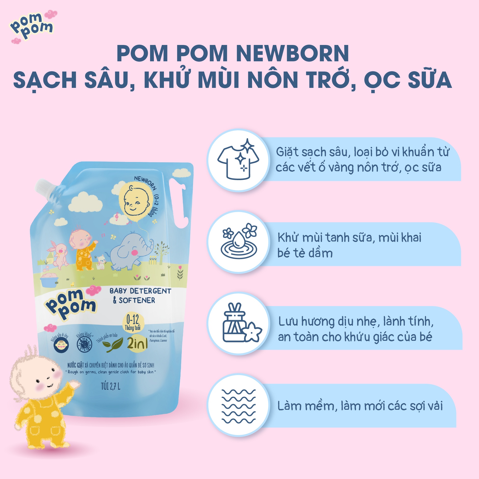 Nước giặt xả Pom Pom Newborn 2700ml (0-12M) hình 3