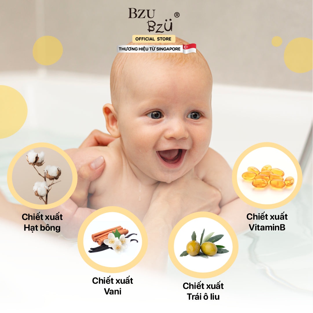Sữa tắm gội chiết xuất hạt bông & vani Bzu Bzu 600ml