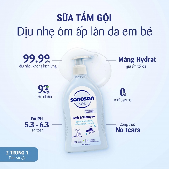 Sữa tắm gội Sanosan chiết xuất olive hữu cơ 500ml dành cho trẻ sơ sinh