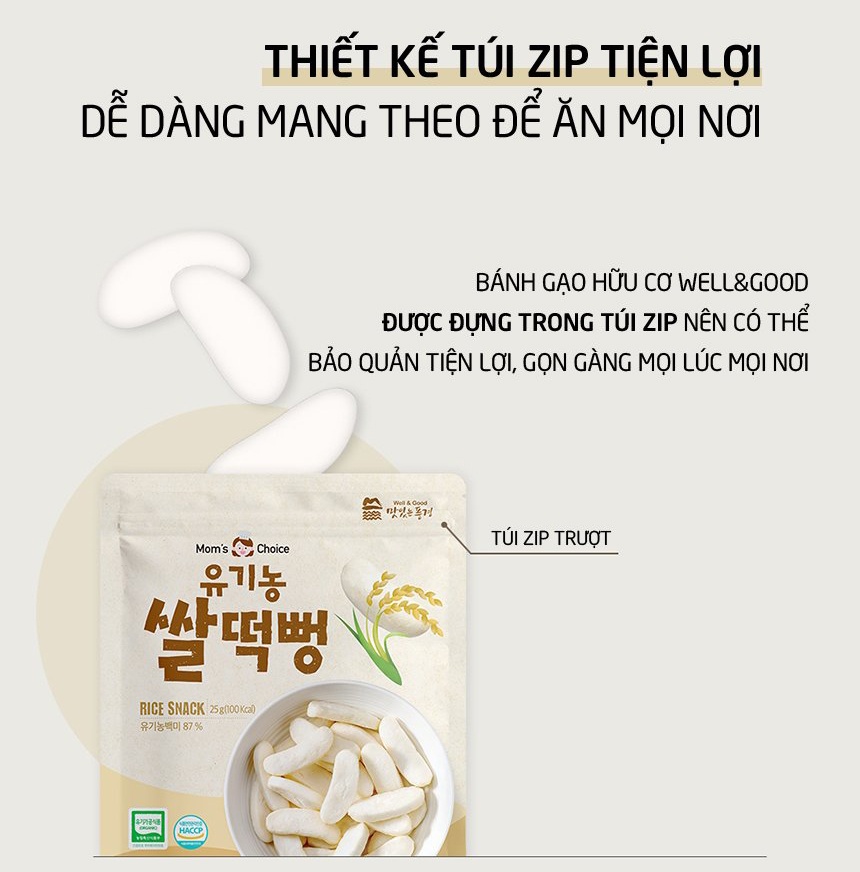 Bánh gạo hữu cơ Mom's Choice vị táo 6m+ thiết kế với túi zip tiện lợi