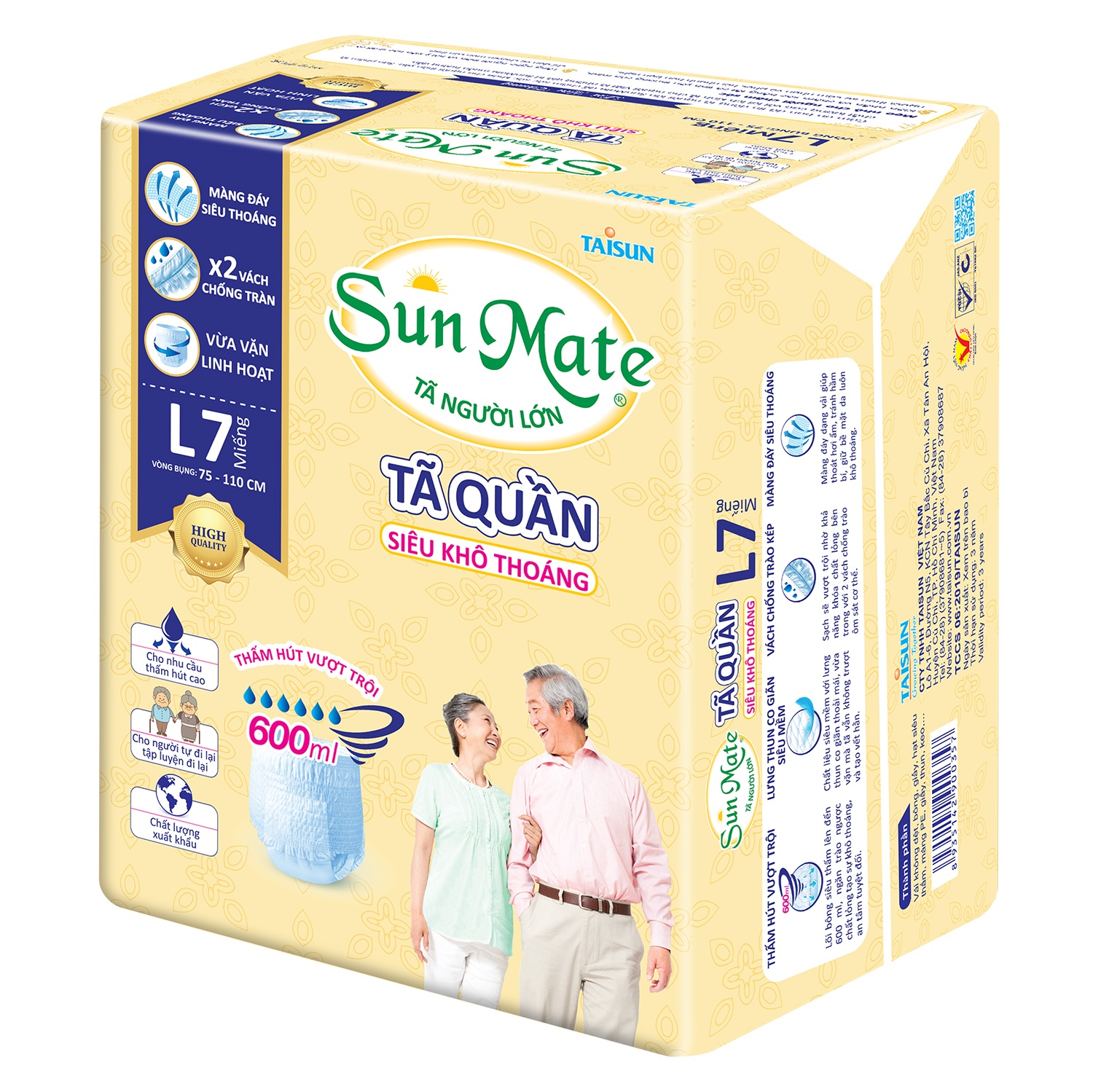 Bỉm - Tã quần người lớn Sunmate siêu khô thoáng size L 7 miếng