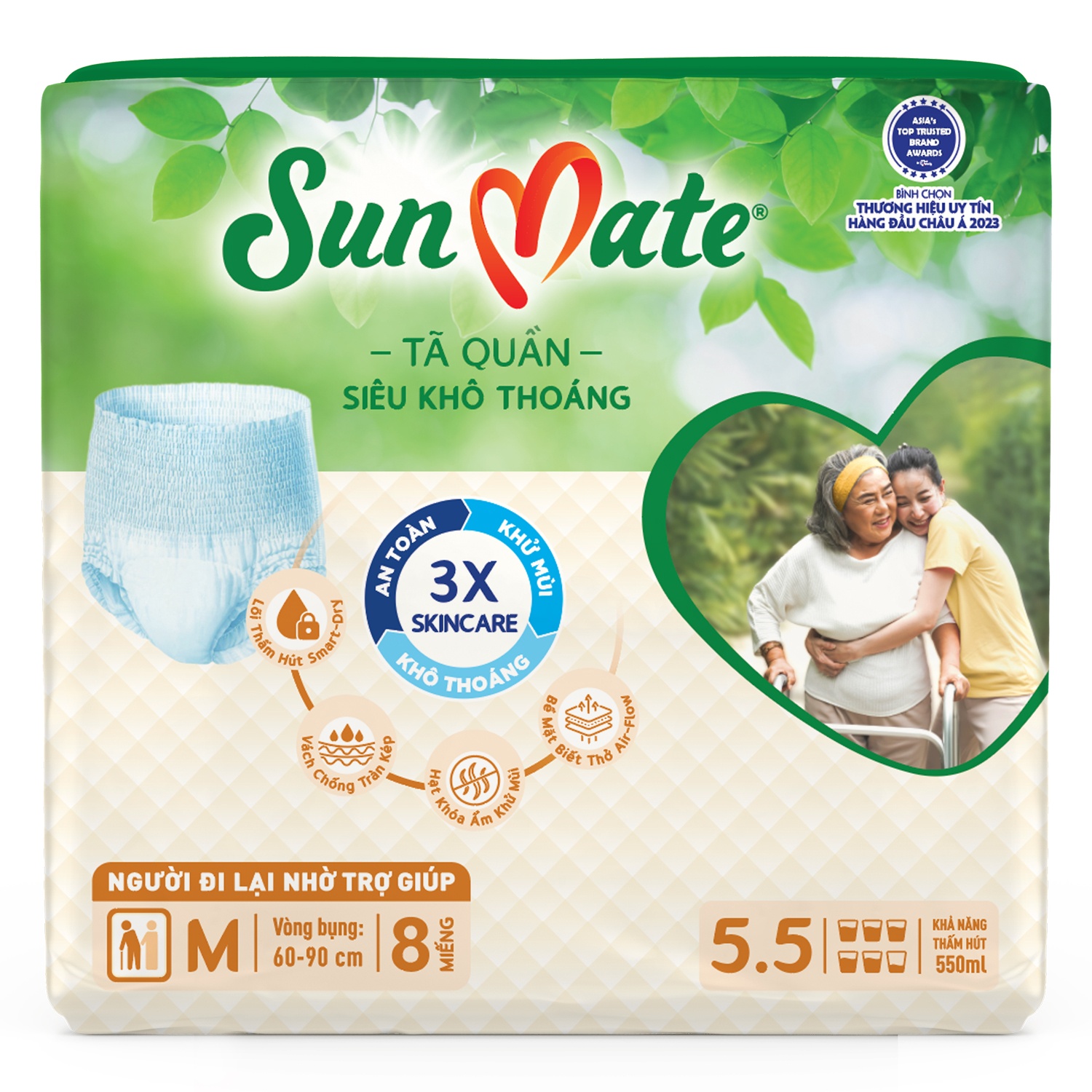 Bỉm - Tã quần người lớn Sunmate siêu khô thoáng size M 8 miếng - Bao bì mới