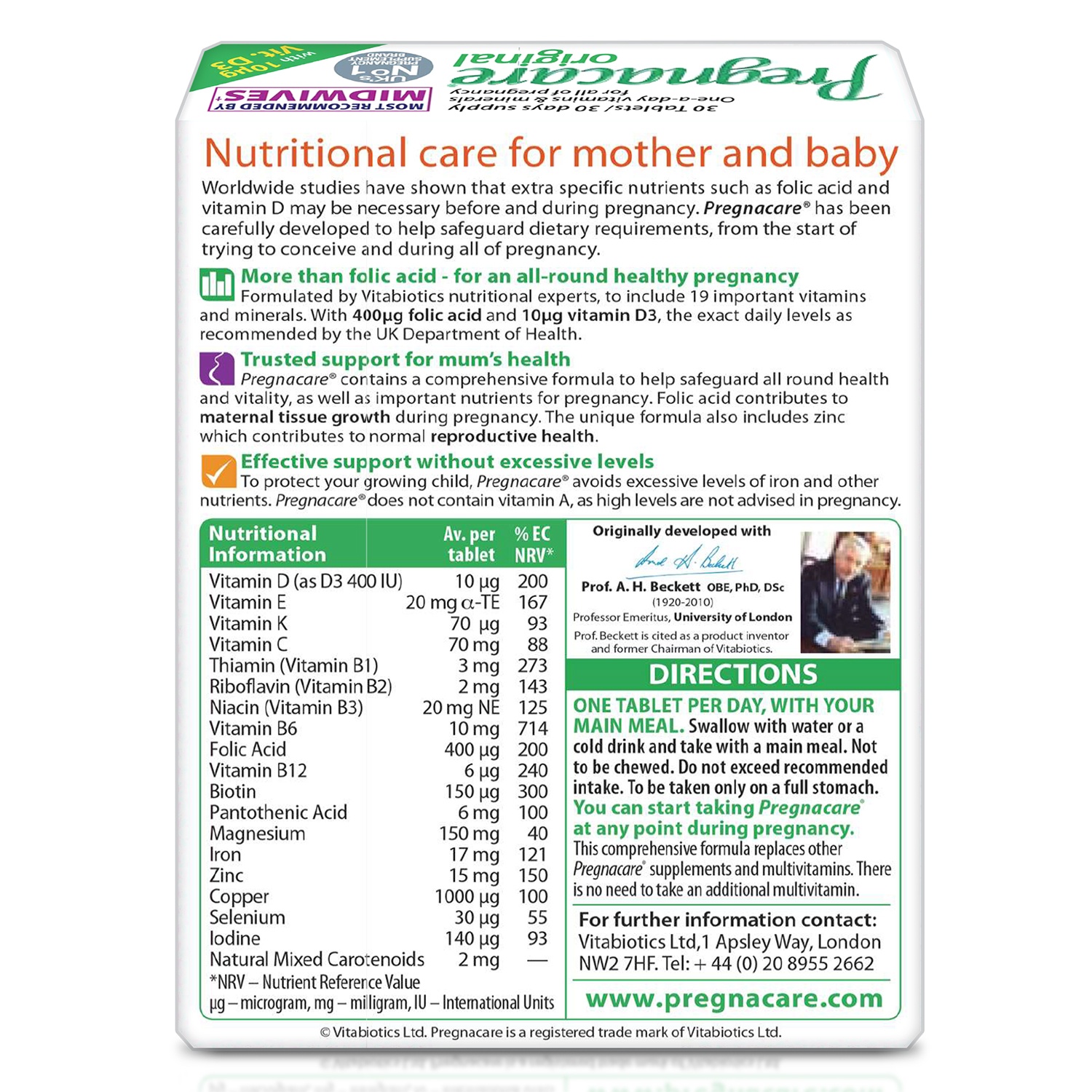 Thành phần Vitamin mẹ bầu Pregnacare Orginal - Hộp 30 viên