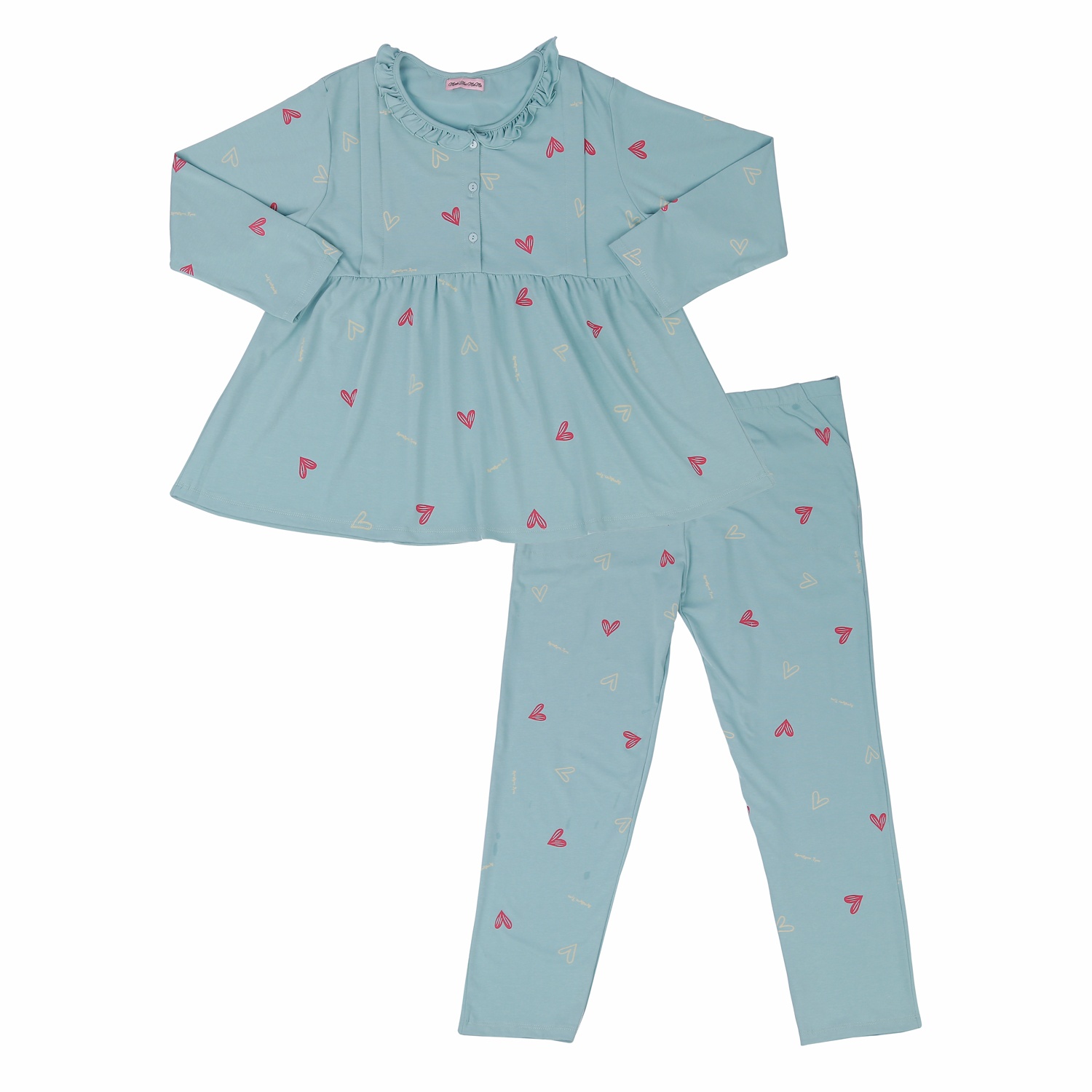 Bộ quần áo sau sinh cho mẹ in họa tiết Trái tim cổ bèo xam lam M23 hình 1