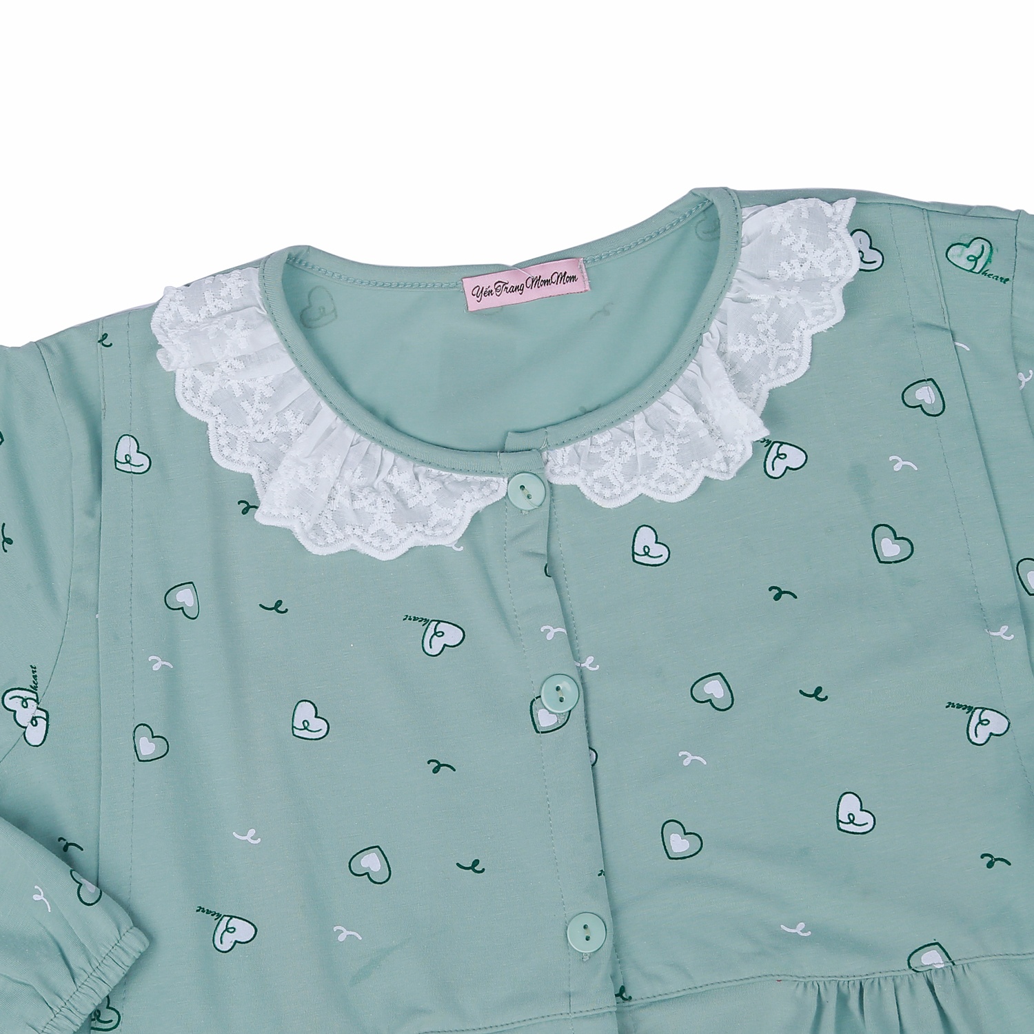 Bộ quần áo sau sinh cho mẹ in họa tiết Trái Tim cổ ren xanh M23 hình 2