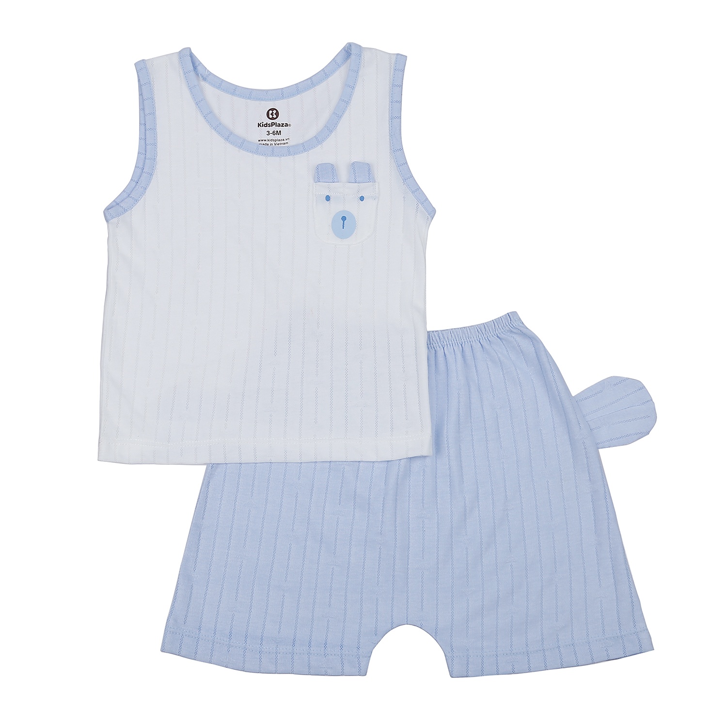 Bộ quần áo ba lỗ KidsPlaza túi gấu ngực HN21H (Xanh Trắng) hình 1