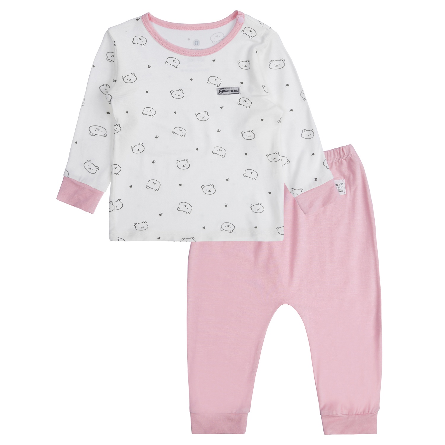Bộ quần áo tay dài cài vai KidsPlaza in hình gấu M21T (Trắng Hồng) hình 1