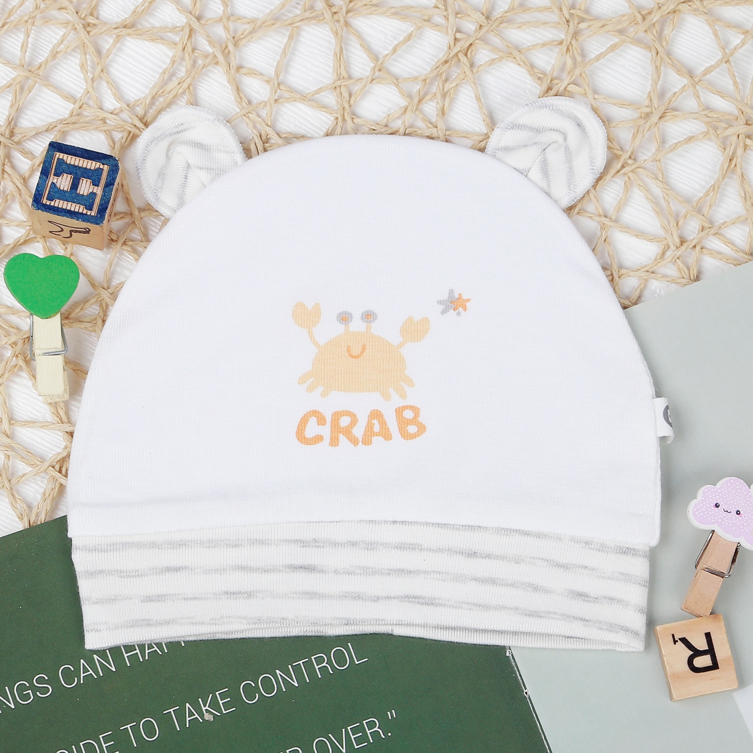 Mũ sơ sinh Otis bé trai in crab KidsPlaza ND22T (Trắng kẻ ghi) hình 1