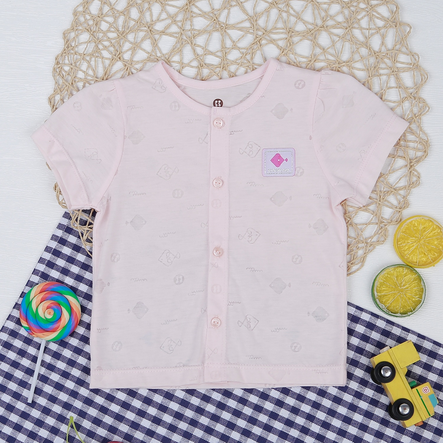 Bộ quần áo cộc tay cài giữa KidsPlaza in cá hồng HN21H hình 2