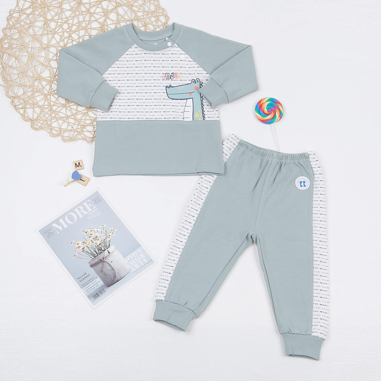 Bộ bé trai dài tay cài vai kẻ nét đứt ND22D (Xanh Ngọc) hình 1